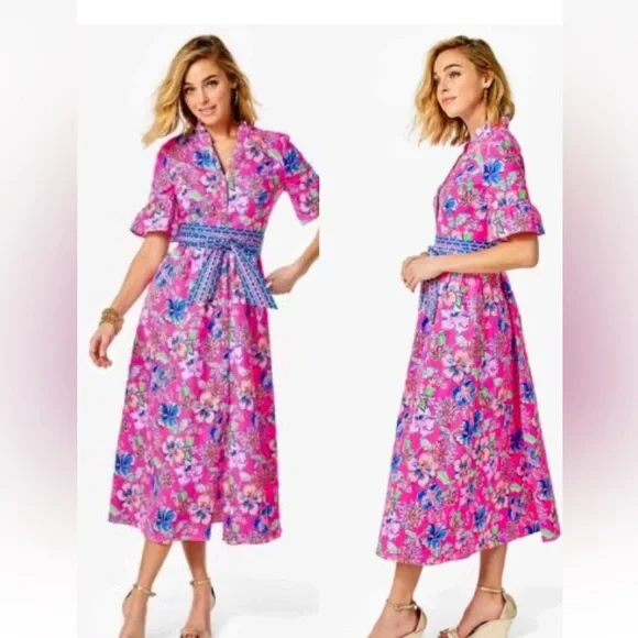 NWT LILLY PULITZER MARILISA STRETCH SHIRTDRESS PINK ISLE LAST BUD NOT LEAST - Picture 2 of 10